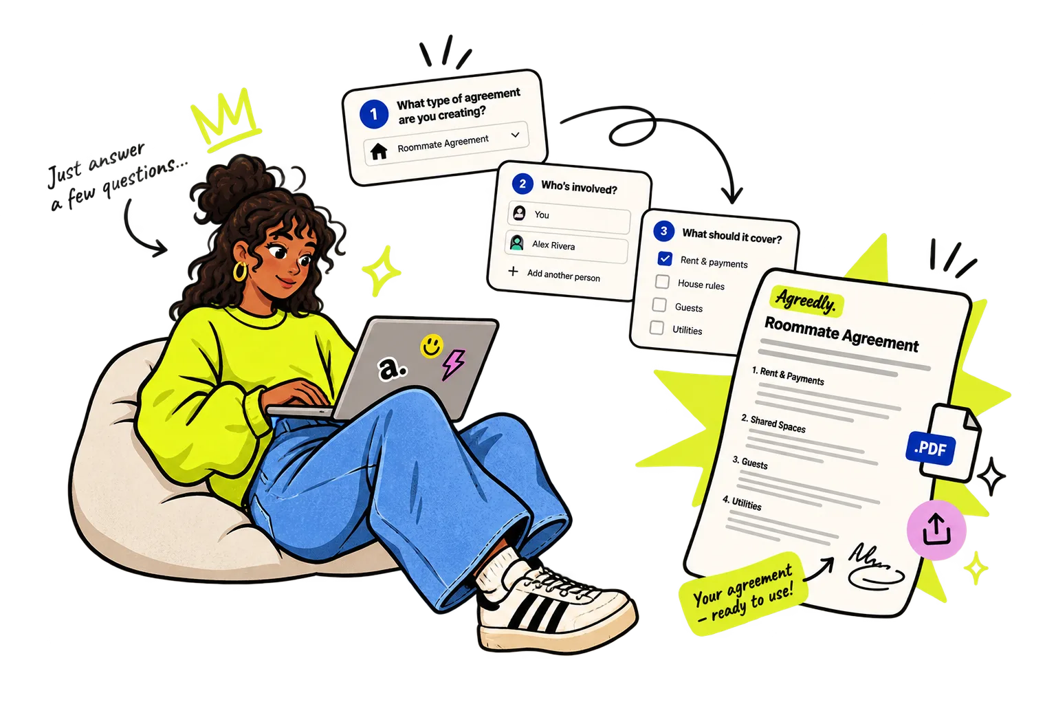 Someone answering three quick Agreedly questions on a laptop, producing a ready-to-use roommate agreement PDF