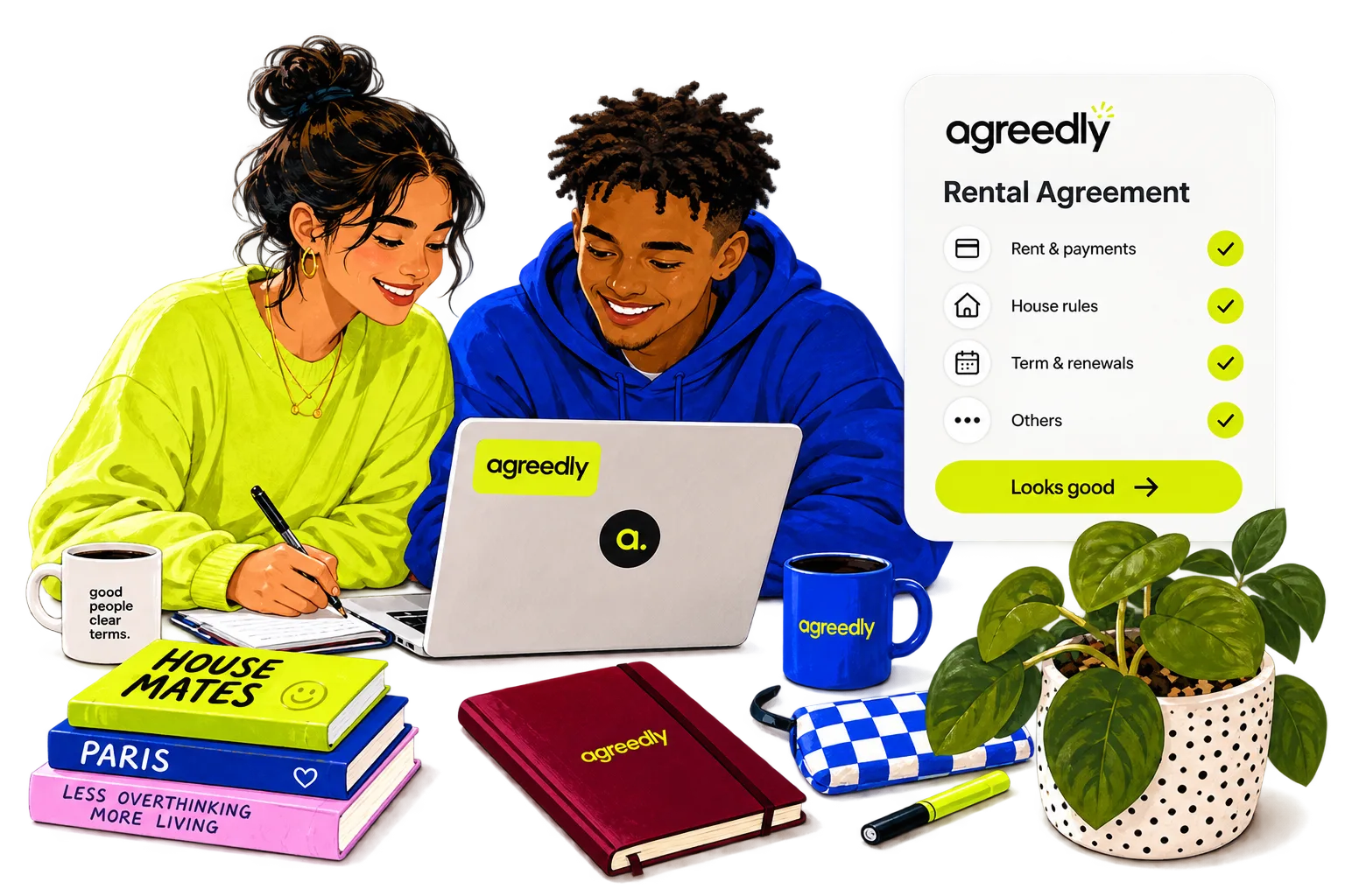 Two roommates working through an Agreedly rental agreement together at their kitchen table